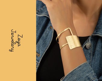 Hammered Gold Cuff Bracelet Minimalist Open Wide Bangle Statement Jewelry