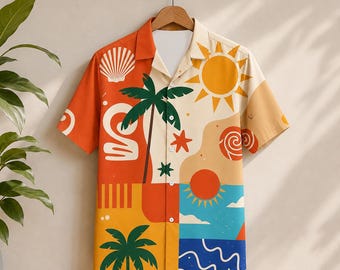 Creamy Poly Banana Hawaiian Apparel, Earthy Geometric Printed Short Sleeve Resort Beach Shirt Attire