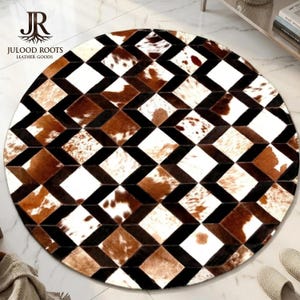 Handmade Round Cowhide Rug | Hair On Hide Carpet | Rustic Boho Farmhouse Decor