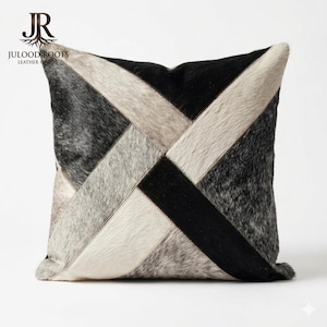 Handmade Geometric Cowhide Pillow | Hair On Hide Patchwork Cushion | Grey Black Boho Decor
