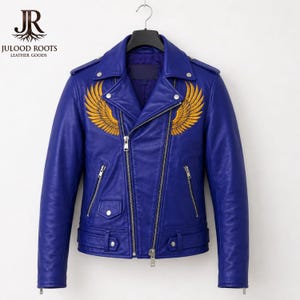 Men's Blue Leather Biker Jacket – Handmade Phoenix Wing Embroidered Moto Fire Design