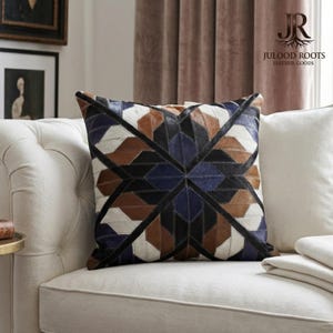Handmade Geometric Cowhide Patchwork Pillow Cover | Hair On Hide Cushion | Rustic Boho Farmhouse Decor