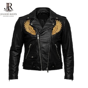 Men's Black Leather Biker Jacket – Handmade Phoenix Wing Embroidered Moto Fire Design