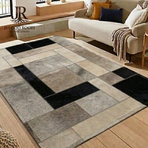 Handmade Cowhide Patchwork Rug | Genuine Leather Area Rug | Rustic Farmhouse Western Home Decor Carpet