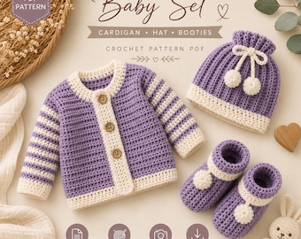 Crochet Baby Set Pattern, Newborn Cardigan, Hat & Booties, Easy Baby Sweater Crochet Pattern, Baby Outfit PDF, Instant Download