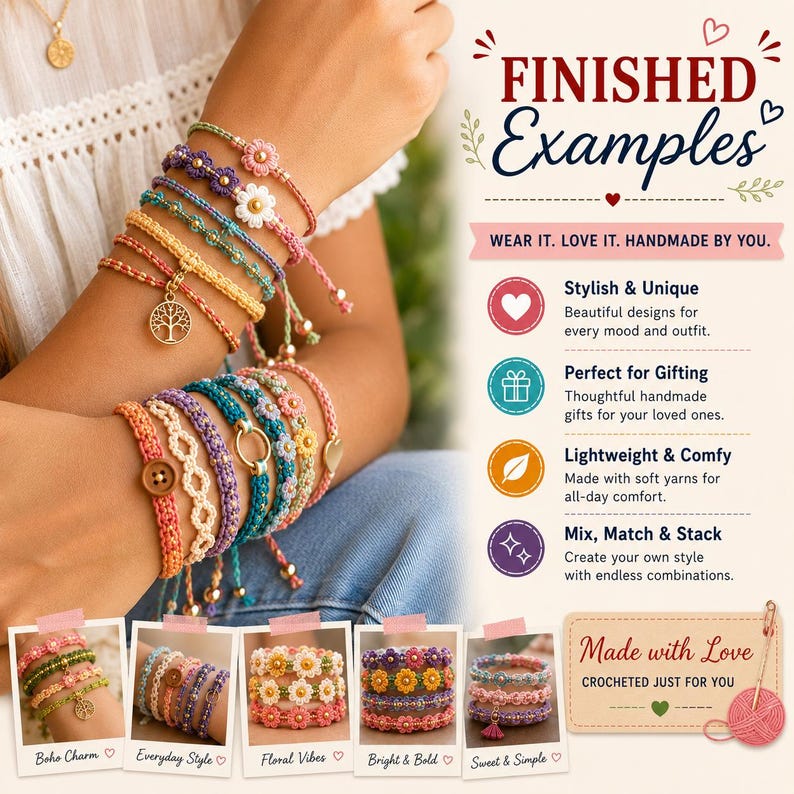 May include: A collection of colorful crocheted bracelets featuring floral motifs, circular charms, and buttons. The image includes text such as FINISHED Examples, WEAR IT. LOVE IT. HANDMADE BY YOU., and Made with Love CROCHETED JUST FOR YOU.
