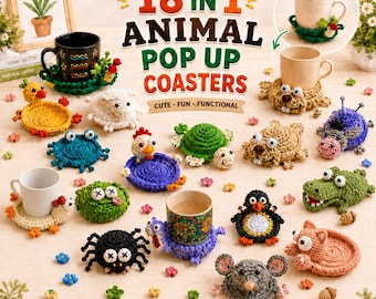 18-in-1 Animal Crochet Coaster Patterns, Pop-Up Mug Hugger Bundle, Amigurumi Cup Holder PDF, Instant Download