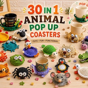 Peut inclure: Une collection de 30 sous-verres en crochet représentant divers animaux, dont un canard jaune, une grenouille verte, un chat orange, une araignée noire et un mouton blanc. Chaque sous-verre est fait main en laine pour accueillir une tasse.