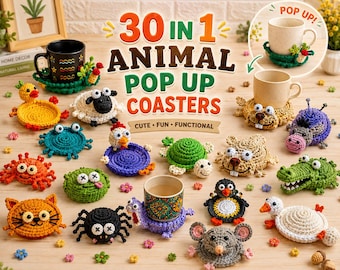 30-in-1 Animal Crochet Coaster Patterns, Pop-Up Mug Hugger Bundle, Animal Cup Holder (PDF Download)