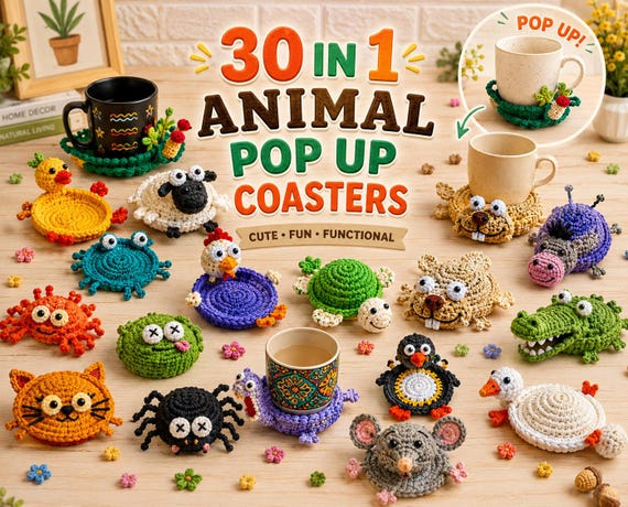 30-in-1 Animal Crochet Coaster Patterns, Pop-Up Mug Hugger Bundle, Animal Cup Holder (PDF Download)