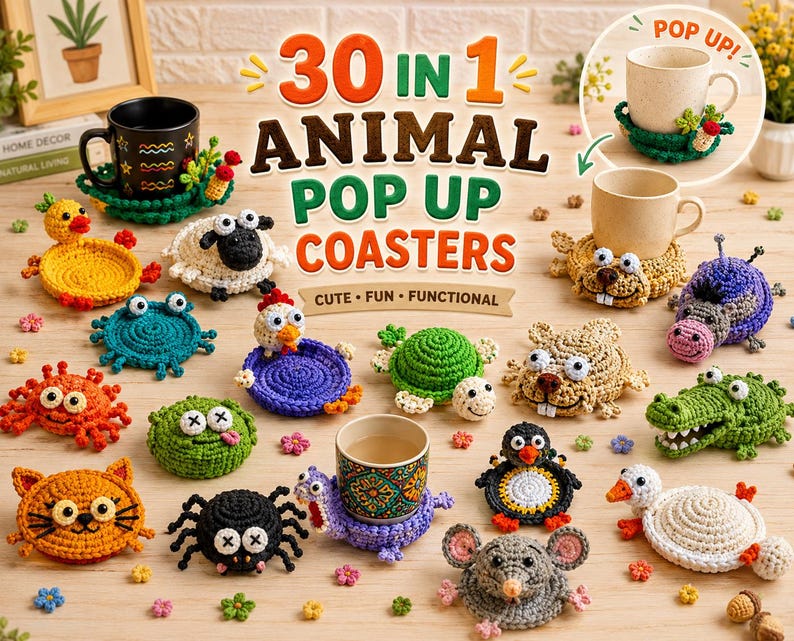 May include: A collection of 30 crochet animal coasters featuring various creatures including a yellow duck, green frog, orange cat, black spider, and white sheep. Each coaster is handcrafted with yarn and designed to hold a mug or cup securely.