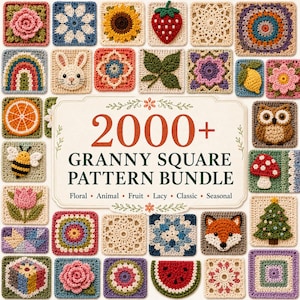 Puede incluir: Una colección de varios cuadrados de ganchillo coloridos con diseños de flores, animales, frutas y motivos estacionales que rodean un letrero central que dice 2000+ GRANNY SQUARE PATTERN BUNDLE Floral, Animal, Fruit, Lacy, Classic, Seasonal.