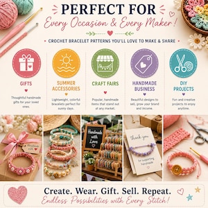 May include: An infographic titled PERFECT FOR Every Occasion & Every Maker! featuring crochet bracelet patterns. It displays five circular icons for gifts, summer accessories, craft fairs, handmade business, and DIY projects, with photos of bracelets, gift boxes, and thank you cards.