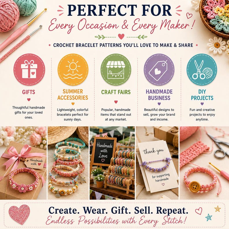 May include: An infographic titled PERFECT FOR Every Occasion & Every Maker! featuring crochet bracelet patterns. It displays five circular icons for gifts, summer accessories, craft fairs, handmade business, and DIY projects, with photos of bracelets, gift boxes, and thank you cards.