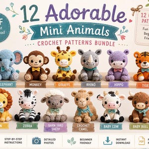 Paquete de 12 patrones de ganchillo de mini animales bebés: elefante, león, mono, jirafa, tigre, cebra, rinoceronte, hipopótamo, oveja, vaca, camello y toro (Amigurumi PDF)
