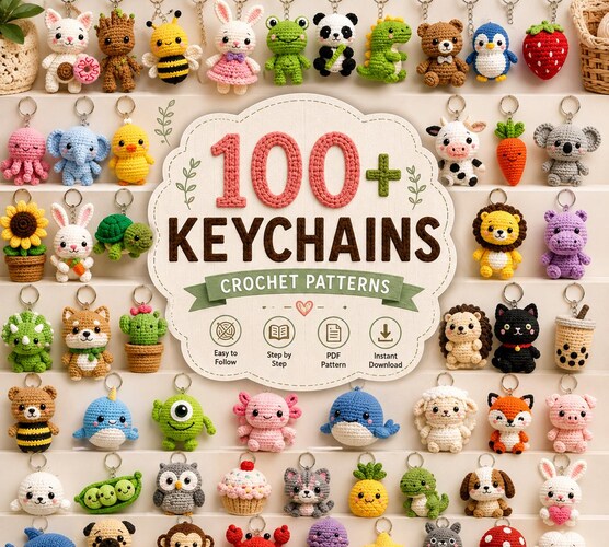100+ Crochet Keychain Patterns Bundle — Mini Amigurumi Animals & Charms