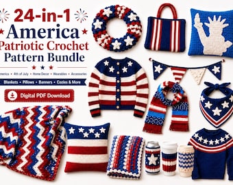 24-in-1 America Patriotic Crochet Pattern Bundle PDF, 4th of July Home Decor, Flag Wreath, Pillow, Blanket, Coasters, USA Crochet