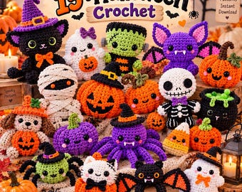 15+ Halloween-virkmönster i PDF-format, kusliga amigurumi-mönster för spöken, pumpor, häxor, fladdermus och monster, Halloween-dekorationer direktnedladdning