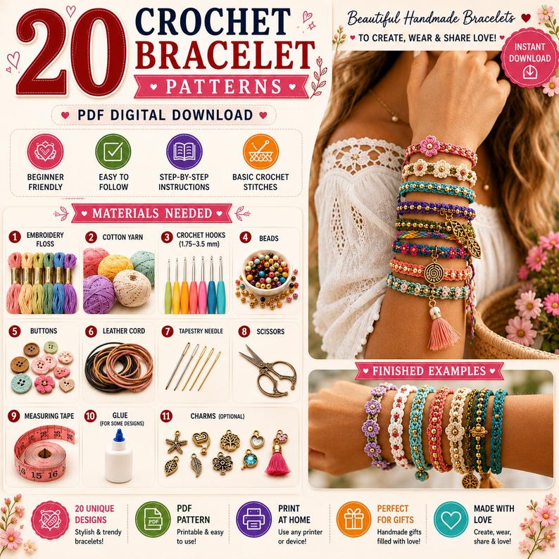May include: A digital guide for 20 crochet bracelet patterns featuring step-by-step instructions, a list of required materials like embroidery floss, cotton yarn, beads, and charms, and images of finished bracelets with floral and tassel designs.