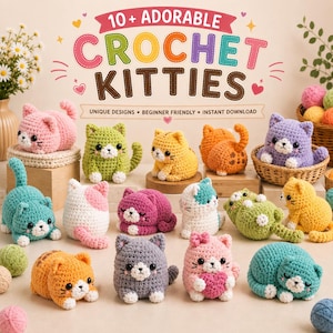 10+ virkmönster för katter, amigurumi-plysch i PDF-format, mönster för söta kattungar utan sömnad, enkelt virkmönster för djur, digital nedladdning
