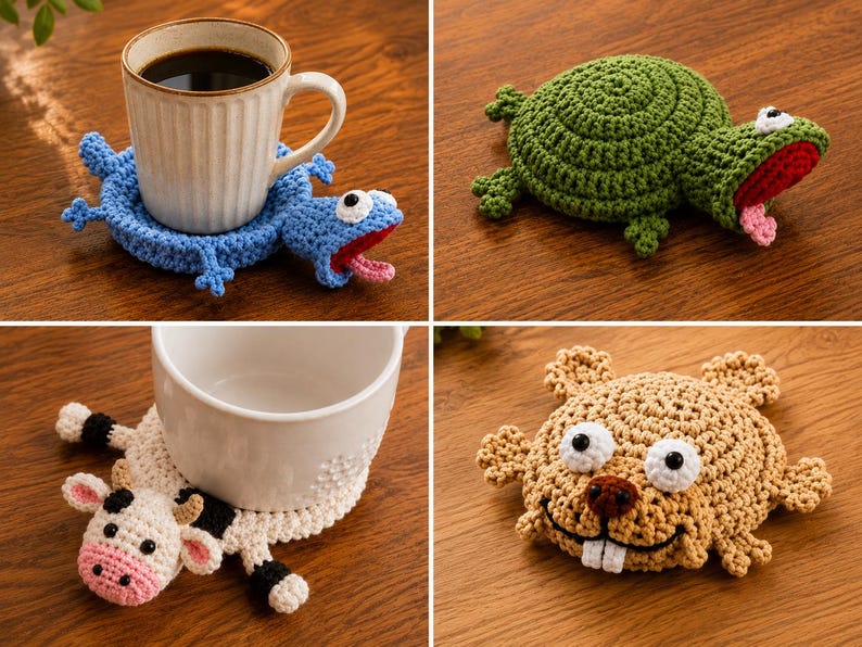 May include: A collection of four handmade crochet coasters shaped like animals, including a blue lizard, a green turtle, a black and white cow, and a tan beaver, each featuring detailed stitching, googly eyes, and distinct facial features.