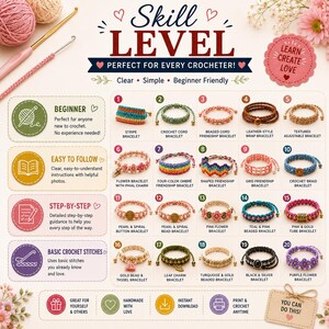 May include: An instructional graphic titled SKILL LEVEL featuring twenty numbered bracelet designs including stripe, beaded, flower, and braided styles. The layout includes text sections for beginner guidance, step-by-step instructions, and basic crochet stitches.