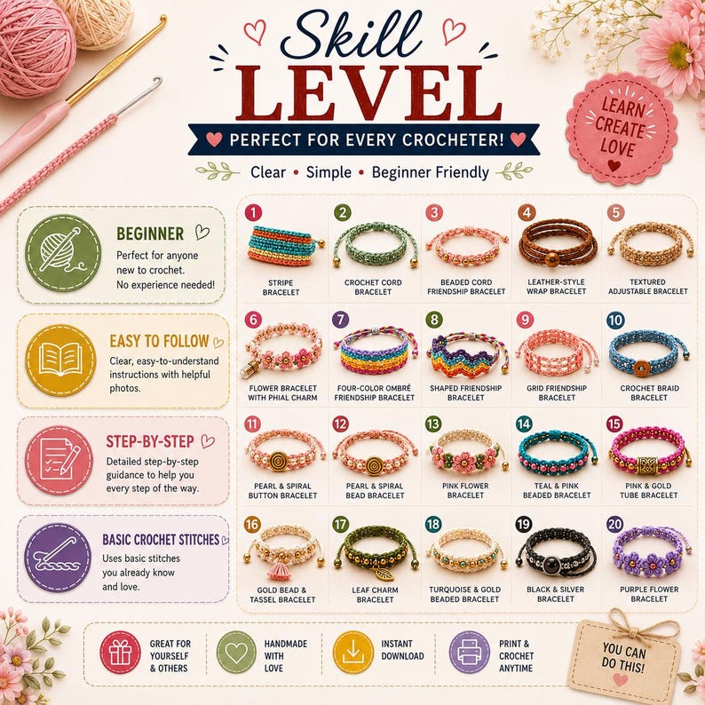 May include: An instructional graphic titled SKILL LEVEL featuring twenty numbered bracelet designs including stripe, beaded, flower, and braided styles. The layout includes text sections for beginner guidance, step-by-step instructions, and basic crochet stitches.