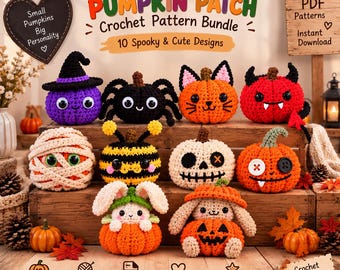 10 virkmönster för Halloweenpumpor, kusliga amigurumi-pumpafigurer, häxa, mumie, monster, katt och mer i PDF-format för nedladdning