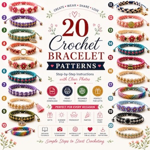 Pacchetto di 20 braccialetti all'uncinetto fai da te / Tutorial PDF per principianti su come realizzare gioielli all'uncinetto, con perline, braccialetti dell'amicizia, braccialetti avvolgenti, a fiore e intrecciati.