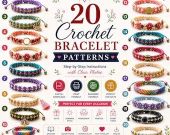 20 DIY Crochet Bracelet Bundle | Beginner Friendly Crochet Jewelry Tutorial PDF, Beaded, Friendship, Wrap, Flower & Braid Bracelet Patterns