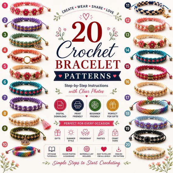 20 DIY Crochet Bracelet Bundle | Beginner Friendly Crochet Jewelry Tutorial PDF, Beaded, Friendship, Wrap, Flower & Braid Bracelet Patterns