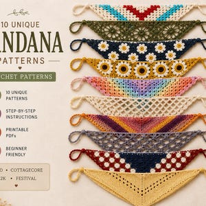 Può includere: Dieci modelli di bandana all'uncinetto disposti in una colonna verticale. I design includono vari colori e texture, come motivi floreali, forme geometriche e pizzo traforato. Ogni bandana presenta dei passanti alle estremità. Testo: 10 UNIQUE BANDANA PATTERNS.