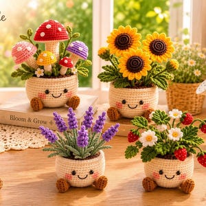 May include: Four crocheted potted plants with smiling faces. One pot contains red, yellow, pink, and purple mushrooms. Another holds three yellow sunflowers. A third features purple lavender sprigs. The fourth displays white daisies and red strawberries.