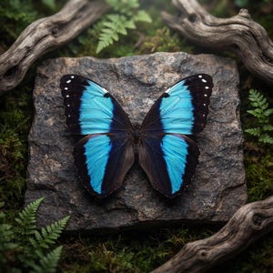 Könnte beinhalten: Ein leuchtend blauer und schwarzer Schmetterling mit weiß gepunkteten Flügelrändern, der auf einem flachen, strukturierten grauen Stein ruht. Der Schmetterling zeigt symmetrische, irisierende blaue Bänder auf seinen Flügeln.