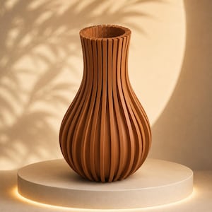 Peut inclure: Un vase de couleur terre cuite présentant un design à lattes verticales avec un corps arrondi et un col étroit. La structure est composée de fines bandes incurvées individuelles disposées en cercle, créant un centre creux et une ouverture.