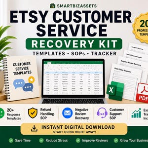 Può includere: Un kit di recupero del servizio clienti Etsy con un computer portatile che mostra un foglio di calcolo, un quaderno a spirale etichettato Customer Service Templates e diverse pagine di documenti stampati. Include icone Excel e PDF.