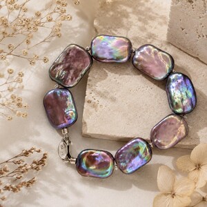 Natural Freshwater Baroque Pearl Bracelet, Iridescent Rectangular Pearls, S925 Sterling Silver Clasp