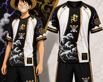Conjunto de camiseta y pantalón corto de fútbol Sun God Pirate Storm: negro y dorado, estilo anime.