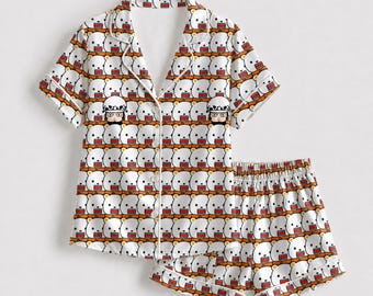 Surgeon of Death Prints Pajamas Set, Cartoon Cute Character Satin Sleepwear