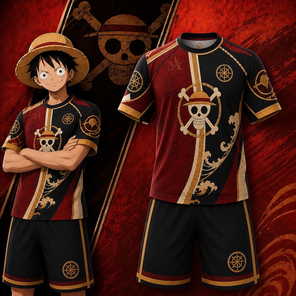 Piraten-Sporttrikot-Set, rot-schwarzes Sportshirt und Shorts, nautisches Fitness-Outfit, Funktions-Sportbekleidung, Anime-inspiriertes Geschenk