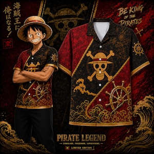 May include: A short-sleeve button-down shirt featuring a split red and black design with gold accents. The shirt displays a skull and crossbones emblem, a ship's wheel, and wave patterns. Text on the shirt includes "BE KING OF THE PIRATES" and "PIRATE LEGEND".