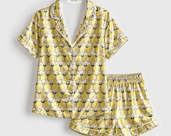 Conjunto de pijama con estampado Simpji / Pijama de satén negro con piernas divertidas