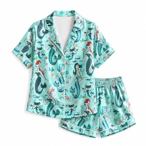 Mermaid Ocean Satin Pajama Set with Underwater Fantasy Sea Life and Floral Pattern for Cozy Sleepwear
