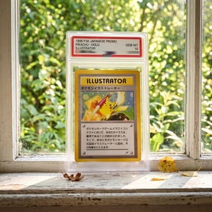 Könnte beinhalten: Eine japanische Pikachu Illustrator Promo-Sammelkarte von 1998, eingeschlossen in einer transparenten Schutzhülle. Die Karte zeigt ein gelbes Pikachu, das einen Pinsel und einen Stift hält, mit japanischem Text und dem Wort Illustrator.