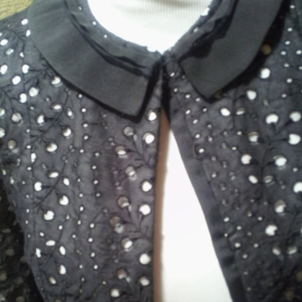 Black and White, 1980's, Vintage Polka Dot  Lace Eyelet Lightweight, Jacket, Peter Pan Collar, Adorable Blazer, Women's Size XS/S