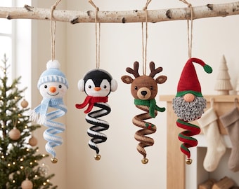 Crochet Spiral Wind Spinner Pattern, 4-in-1 Christmas Ornament Amigurumi Snowman Penguin Reindeer Gnome, PDF Digital Download
