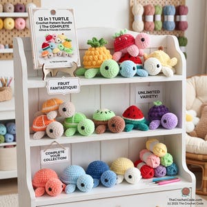 Lot de motifs au crochet, tortue fruitée 13 en 1 | Amigurumi facile sans couture pour débutants PDF | Peluche mignonne en peluche | Patron au crochet tortue de mer