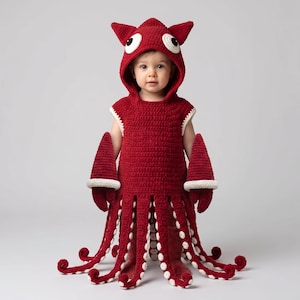 May include: A deep red crochet costume featuring a hooded top with large white and black eyes, two pointed ears, and two claw-shaped sleeves. The lower section consists of multiple dangling tentacles with white circular accents on the underside.
