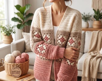 Boho Granny Square Cardigan Crochet Pattern | Oversized Crochet Sweater PDF | Beginner Friendly Chunky Cardigan Pattern | Instant Download