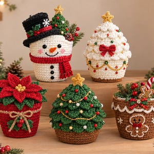 Könnte beinhalten: Eine Sammlung von fünf gehäkelten Weihnachtsdekorationen, darunter ein Schneemann mit schwarzem Zylinder, ein weißer Baum in Cupcake-Form, ein roter Weihnachtsstern im Topf, ein grüner Weihnachtsbaum und ein brauner Lebkuchenmann-Korb.